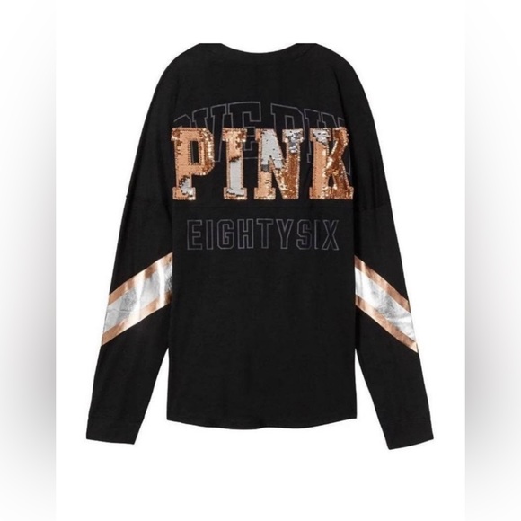 ❌SOLD❌VS PINK LONG SLEEVE V-NECK CAMPUS TEE SHIRT BLACK GOLD SILVER BLING 86 PUP - Picture 1 of 14